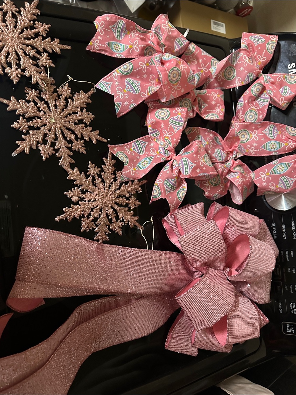 Pink Holiday Ribbon and Snowflake Ornament Set - Unbranded